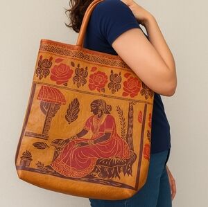 "Vintage Hand-Tooled Leather Tote Bag – Indian Ethnic Folk Art Design, Embossed